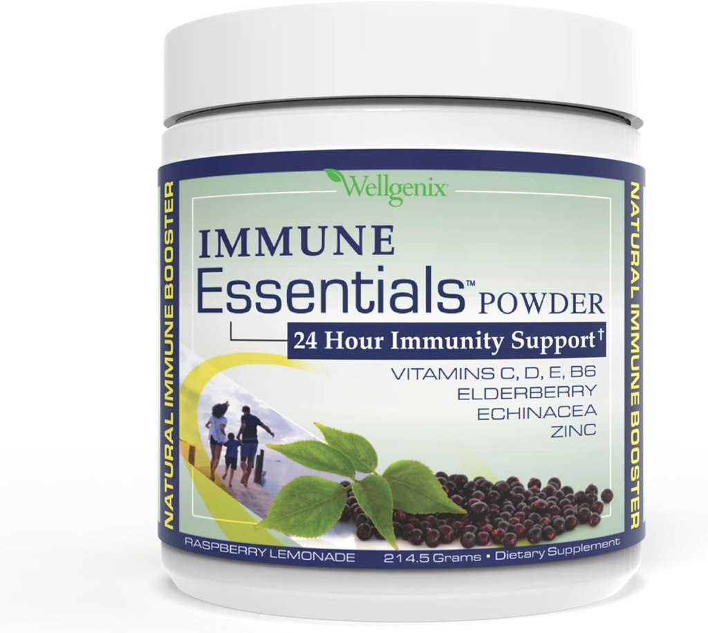 Wellgenix Immune Essentials - Monivitamiinijauhe miehille, naisille ja lapsille - Vegaani täydentää vitamiineja C, D Elderberry Sinkki, Echinacea for Toddler, Kid & Adult - 7.57g (vadelma sitruuna)