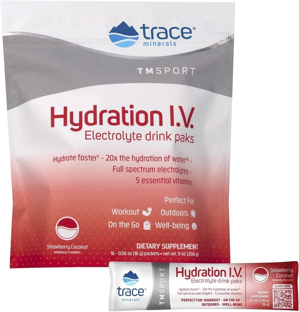Trace Minerals | Hydration I.V. Electrolytes Powder Packets | Full Spectrum Recovery Mineral Mix för snabb rehydrering, naturlig energi och muskelmassa | Strawberry Coconut | 16 Travel Packs
