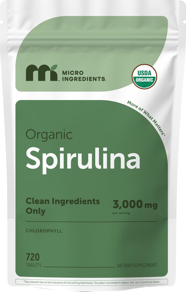 Micro Ingredients Organic Spirulina Supplement, 720 tablettia (4 kuukauden toimitus), Ei täytettä & ei-GMO, Rikas vegaaninen proteiini, vitamiinit & prebiootit, Premium Spirulina pillereitä