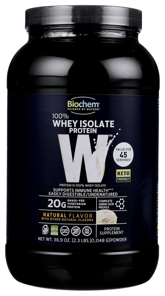 Biochem 100% Whey Isolate Protein - Naturlig smak - 20 g protein - Pre & Post Workout - Meal Replacement - Keto-Friendly - Lätt Digestible - Silky Smooth Taste - Lätt att mixa (36,9 oz)