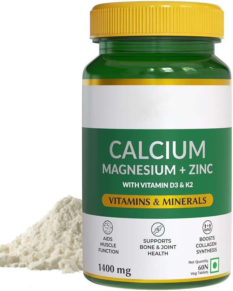 Naturals Calcium Magnesium & Zink tabletter med vitamin D3 & K2 (600 IE), Calcium Supplement för kvinnor och män, för muskelhälsa