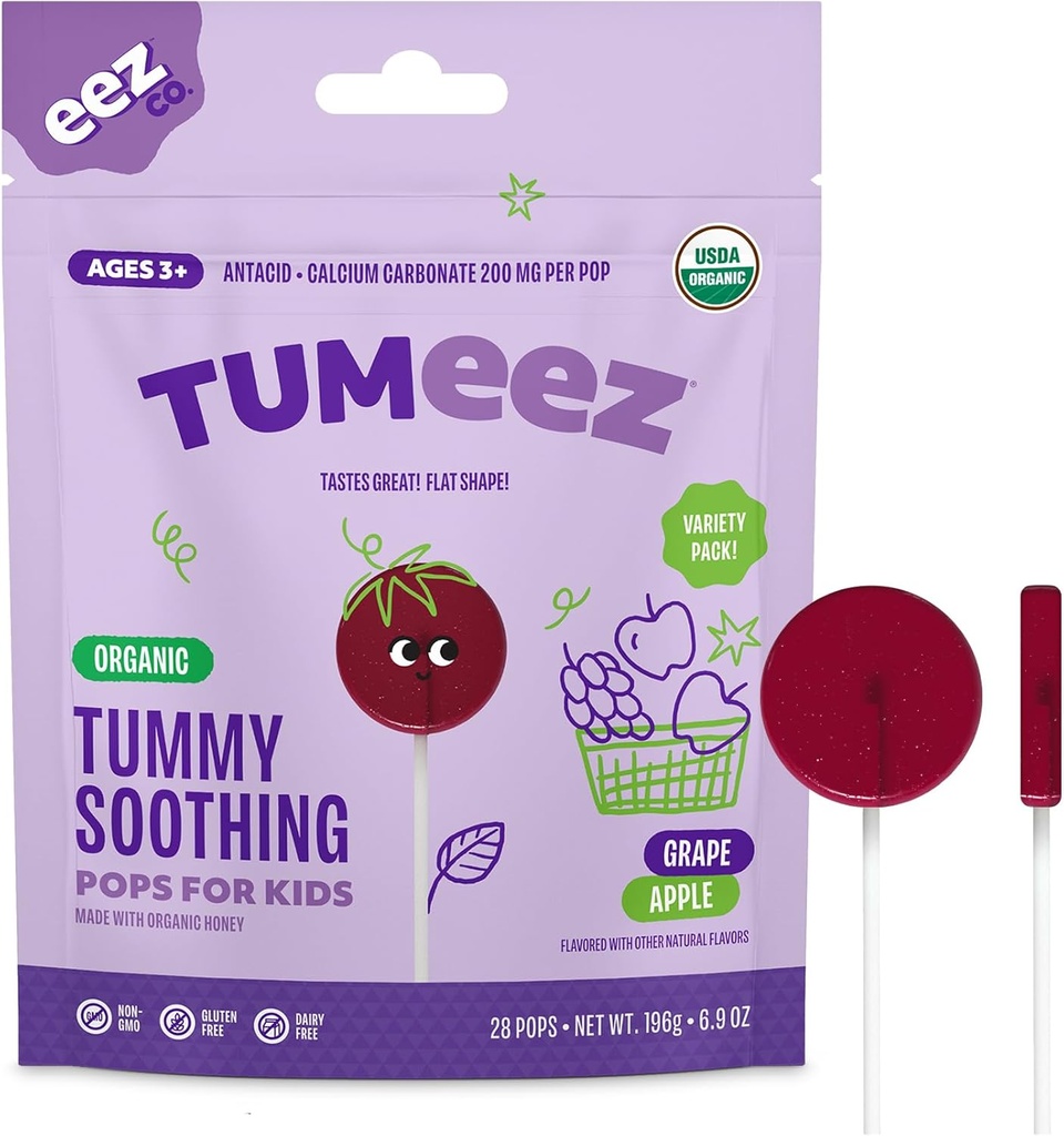 Tumeez Organic Lollipops för Upset Stomach Relief, Variety Pack Perfekt för matsmältningsbesvär, Heartburn och mer medan du smakar bra, druva och Apple smaker, 28 greve