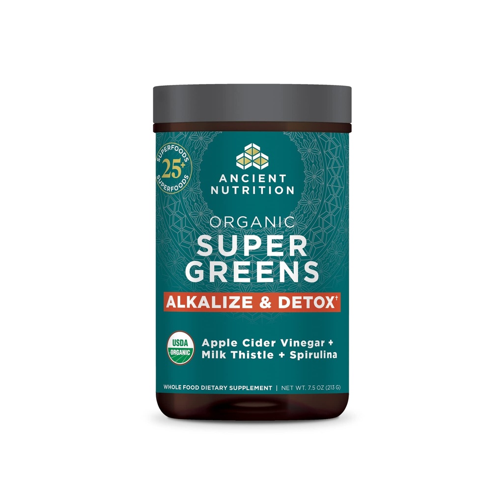 Ancient Nutrition Supergreens Alkalize & Detox Powder, Organic Superfood Powder Made från verkliga frukter, grönsaker och örter, för Digestive and Energy Support, 25 portioner, 7.5oz