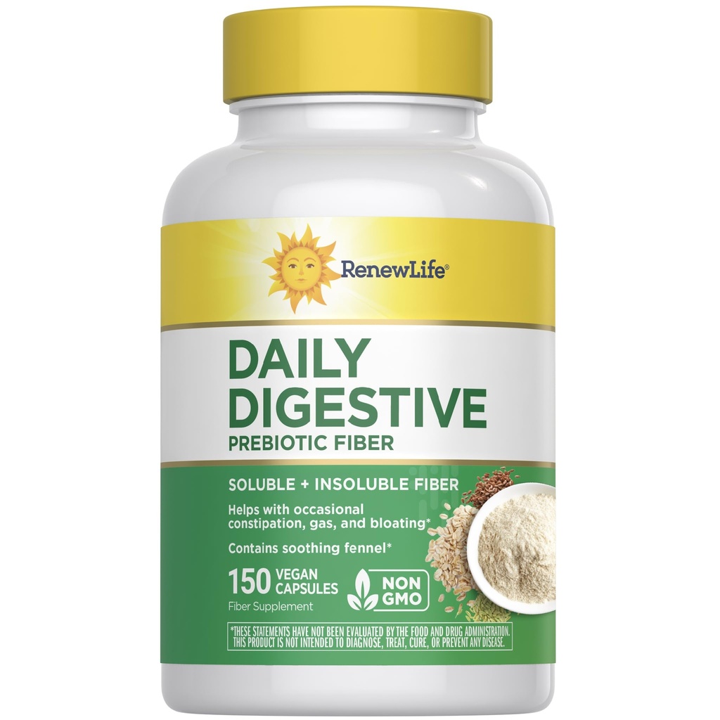 Renew Life Adult Daily Digestive Prebiotic Fiber, 150 vegetariska kapslar (Package May Vary)