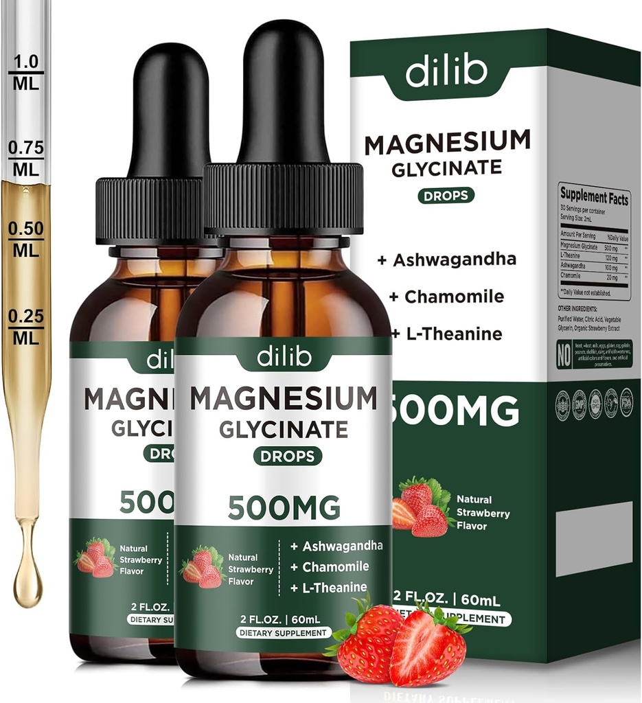 Magnesium Glycinate Liquid Drops Supplement, med Magnesium Glycinate 500mg Ashwagandha, L - Theanine, Chamomile -Support Stress Relief, Bone, Muscle, Mood Strawberry Flavor 2Pack