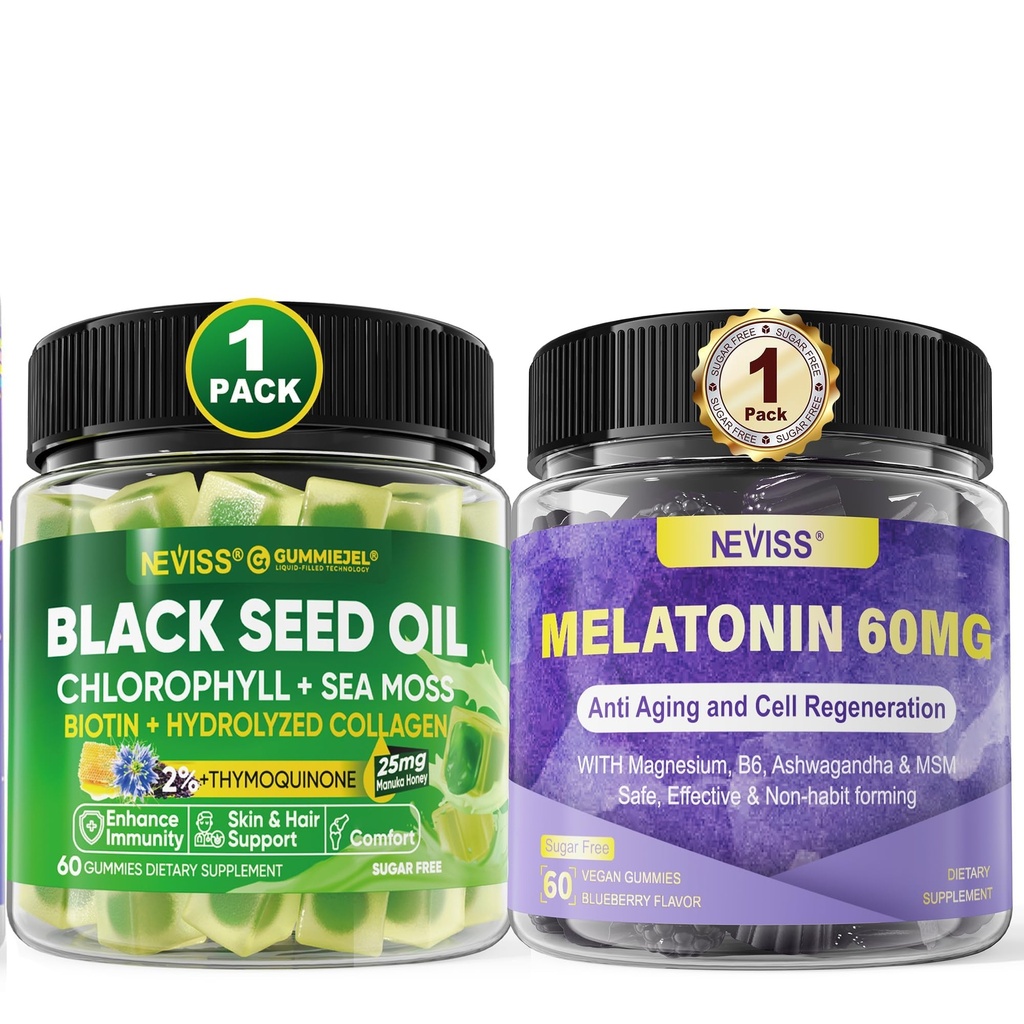 NEVISS Melatoniini 60 mg Gummie + Musta siemenöljy Gummie