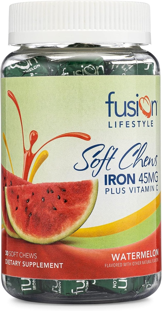 Järntillskott för kvinnor och män, vattenmelon smaksatt järnmjuk Chew Plus-vitamin C för järnbrist och anemi, 1 månads leverans, 30 greve