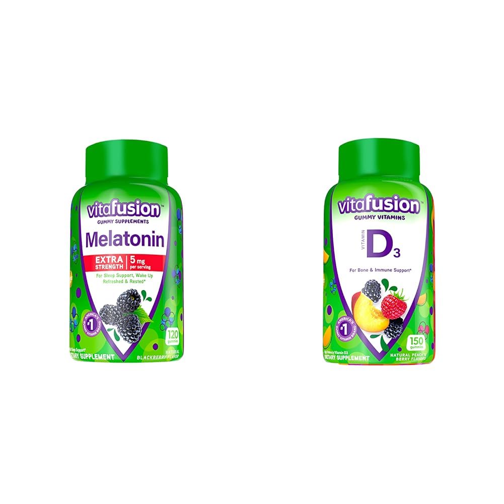 Vitafuusio Extra Strength Melatoniinin Gummy Vitamiinit, 5 mg, 120 ct Gummies & Vitamiini D3 Gummy Vitamiinit luun ja immuunijärjestelmän tukea