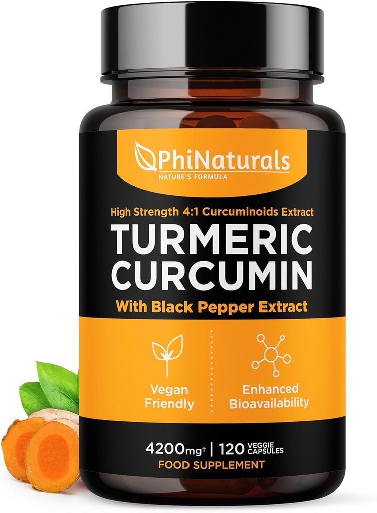 PhiNaturals Turmeric Curcumin Supplement with Black Pepper Extract - 4200 mg Koko Curcuma juuri ekvivalentti per 3 kapselia Tarjoilu - Tumeric pillereitä