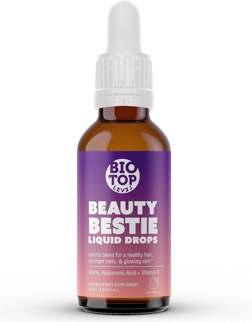 Beauty Bestie Vegan Liquid Drops, Biotin, Vitamin C, Hyaluronic Acid, Multi-Benefit Vitamins Blanda för att stödja hälsosamt hår, hud och naglar tillväxt, Sugar Free 1 fl oz.