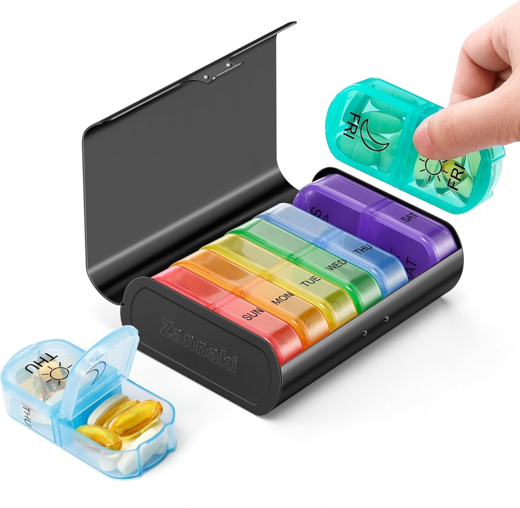 Zannaki Metal XL Weekly Pill Organizer 2 Kertaa päivässä, Suuri Matkustaa päivittäin pillerilaatikko 7 Päivä, Kannettava viikko Kahdesti pillerin haltija kontti, AM PM pilleri tapauksessa lääketieteen vitamiini lääkkeitä täydentää, musta