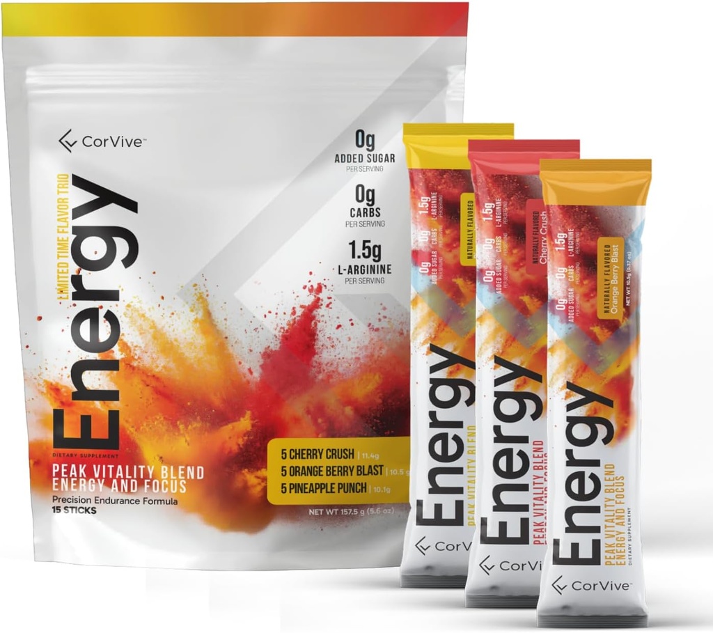 Energy Drink Mix Variety Pack - Natural Energy & Focus Supplement with Carnosyn®, Ashwagandha, L-arginiini, Theobromiini - nollasokeri, 5 kaloria, 120 mg kofeiini