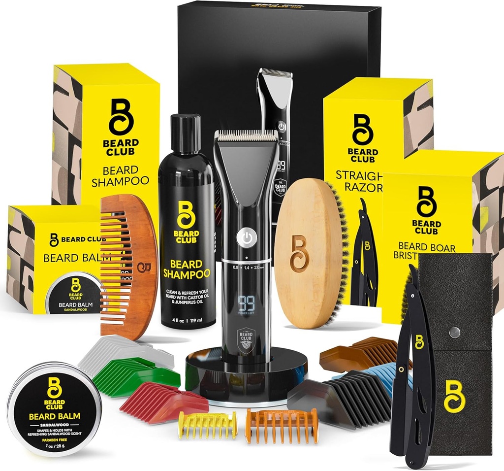 Parta Club miesten grooming Kit ammatillinen langaton Electric ladattavat hiukset ja viikset / parta Trimmer, Suora Edge Razor, Shampoo, Balm, Harja & Comb Lahjasetti