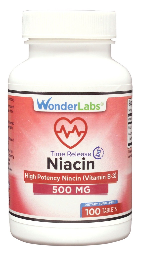 Wonder Laboratories High Potancy Time Release Niacin (Vitamin B3) 500 Mg 100 tablettia, jotka eivät sisällä muuntogeenisiä organismeja, Gluteeniton lisäaine