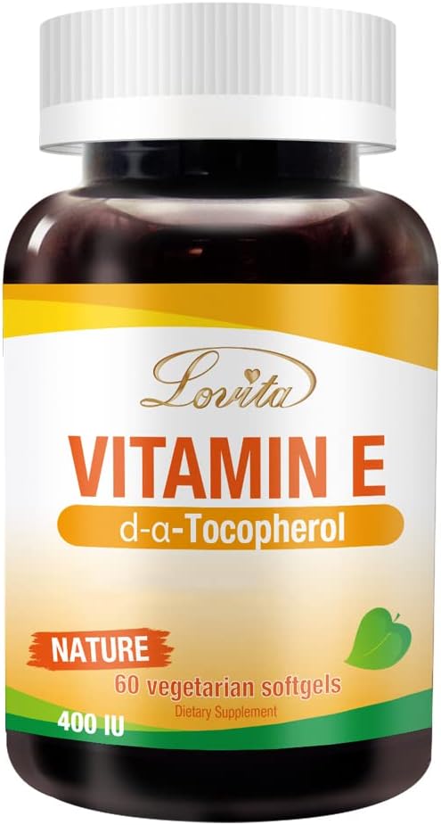 Lovita Vitamin E 400 IE Softgels, Natural 268 mg (som D Alpha Tocopherol), Vegan för hälsosam hud, hår, naglar och immunsystemsupport, 60 vegetariska Softgels