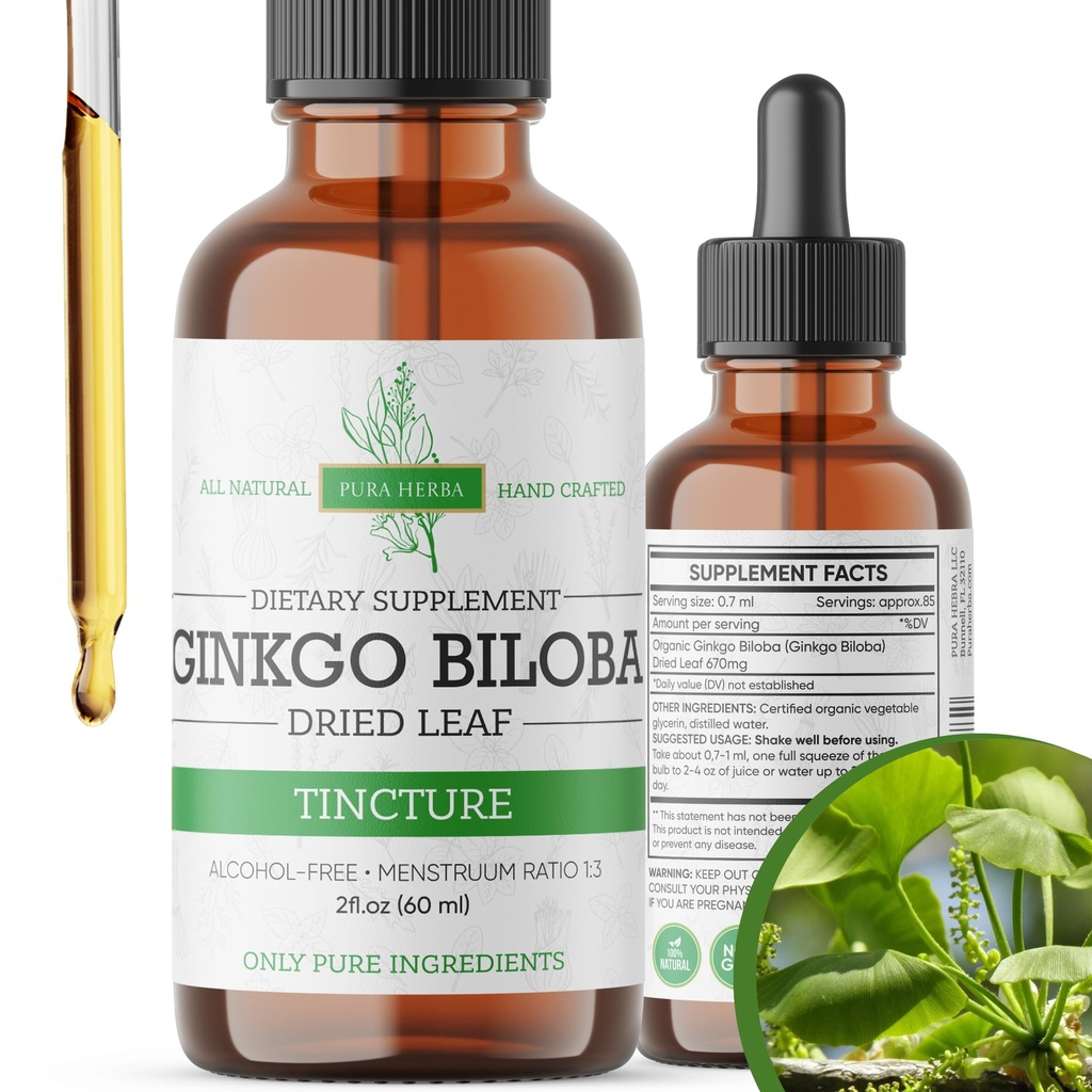 Ginkgo Biloba Extract Liquid 2 Fl Oz, lisäravinteet aivojen toimintaa ja muistitukea, alkoholiton, Vegan - 2 Fl Oz