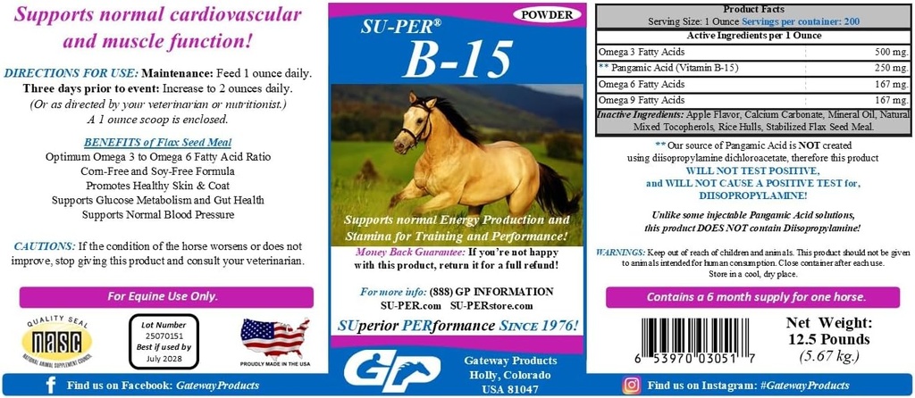 SU-PER B-15 Vitamin Supplement för hästar - Equine Vitamin B-15 Pulver för prestationsstöd - 12,5 pund, 6 månaders leverans