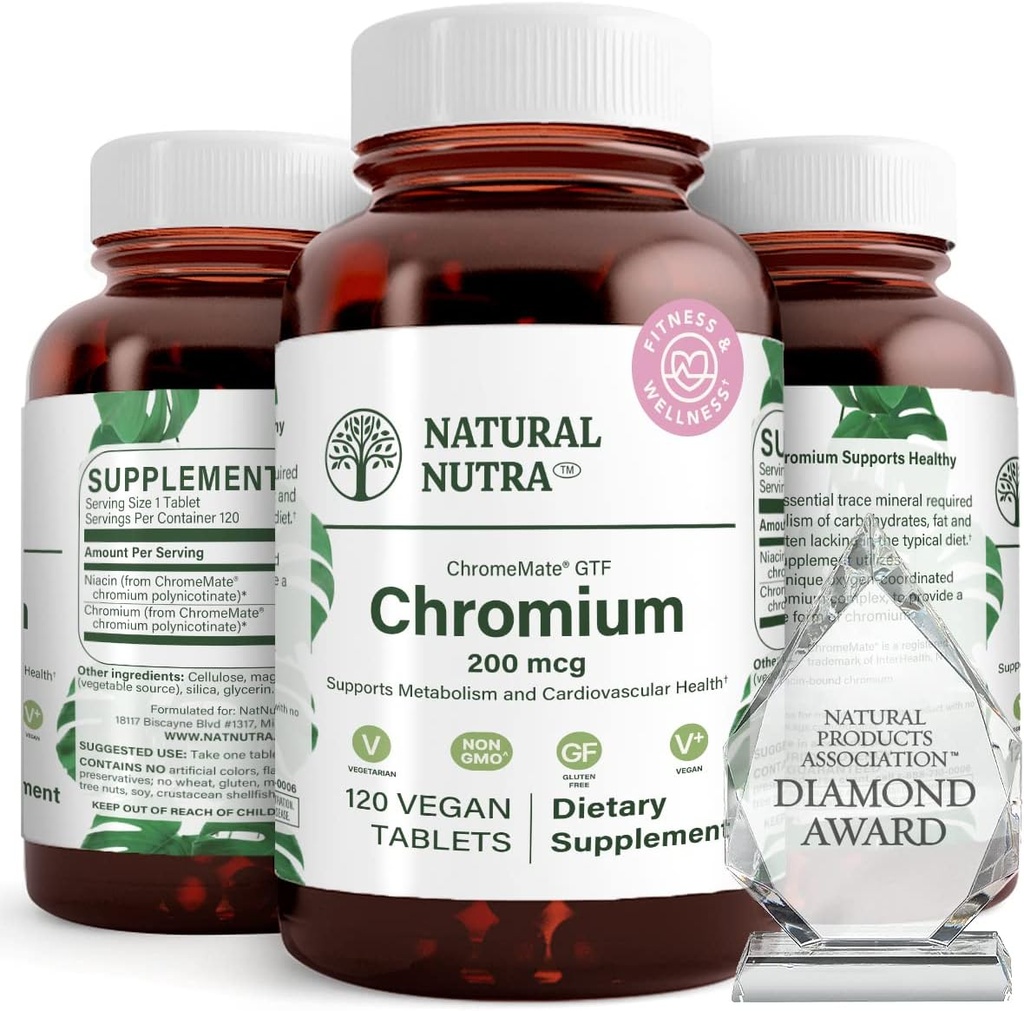 Luonnollinen Nutra GTF kromipolynikotinaatti ChromeMate, tukee kehon aineenvaihduntaa, tukea sydämen terveyttä, ylläpitää kehon rasvan taso, parantaa digestiota, sydän- ja verisuonitautien terveys, 200 mikrog, 120 vegan tablettia