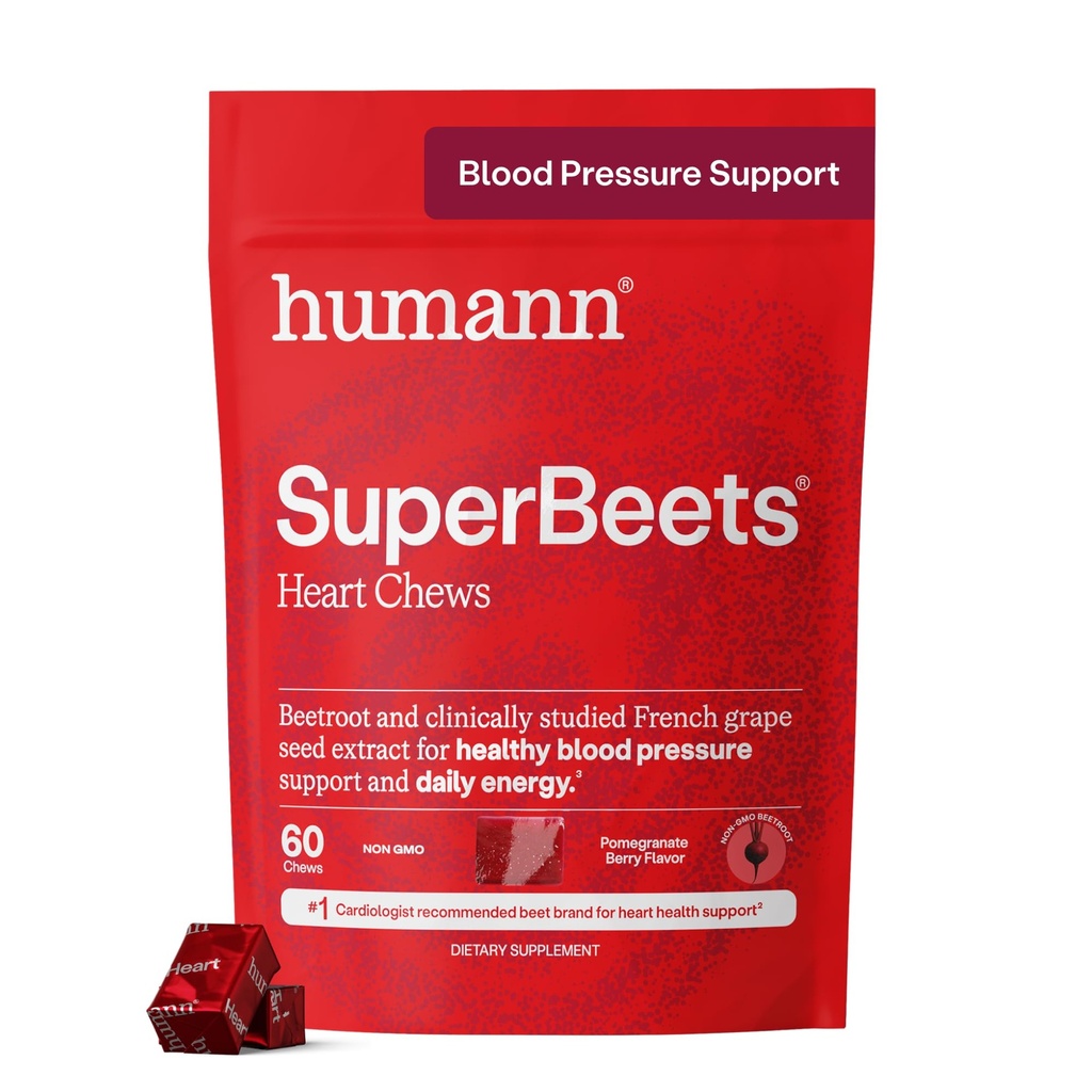 Humann Superbeets Heart Chews, Beet Root Powder Support Energy Supplement, Typpioksidi ja verenpaine tuki, Grape Seed Extract & Non-GMO, Heart Health, Granaattiomena Marja maku 60