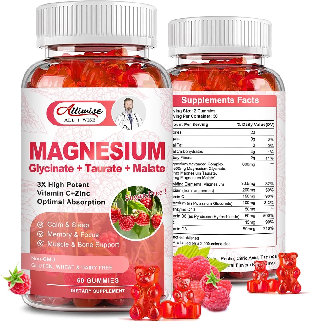 Magnesium Supplement Complex Gummies, sokeriton magnesium Glycinate 500 mg aikuisille ja lapsille, taurate 200 mg, malaatti, kalsium, COQ10, monivitamiini uni, sydän ja luun terveys