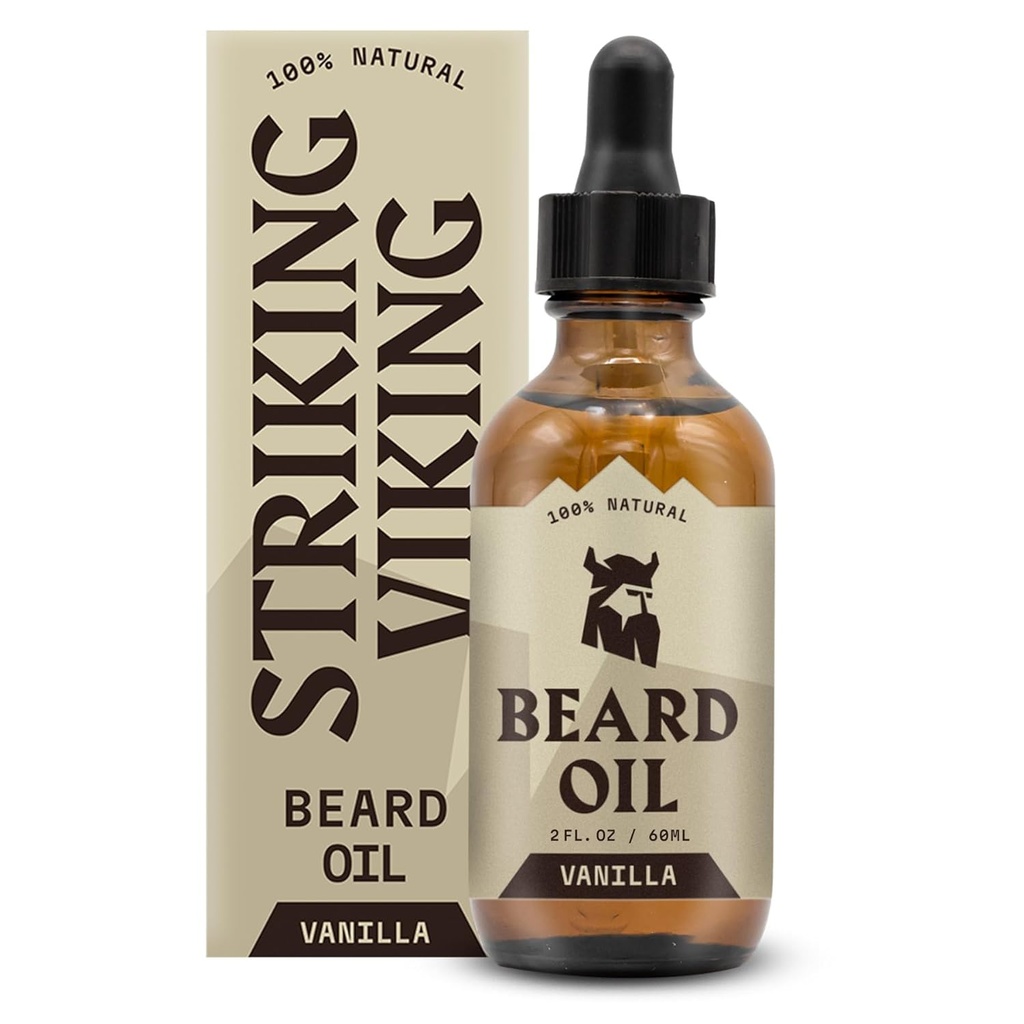 Striking Viking Vanilla Beard Oil for Men - Luonnollisesti johdettu hoitoaine Argan & Jojoba Oils Pehmentämiseen, Kosteuttamiseen ja kasvuun (2 Oz)