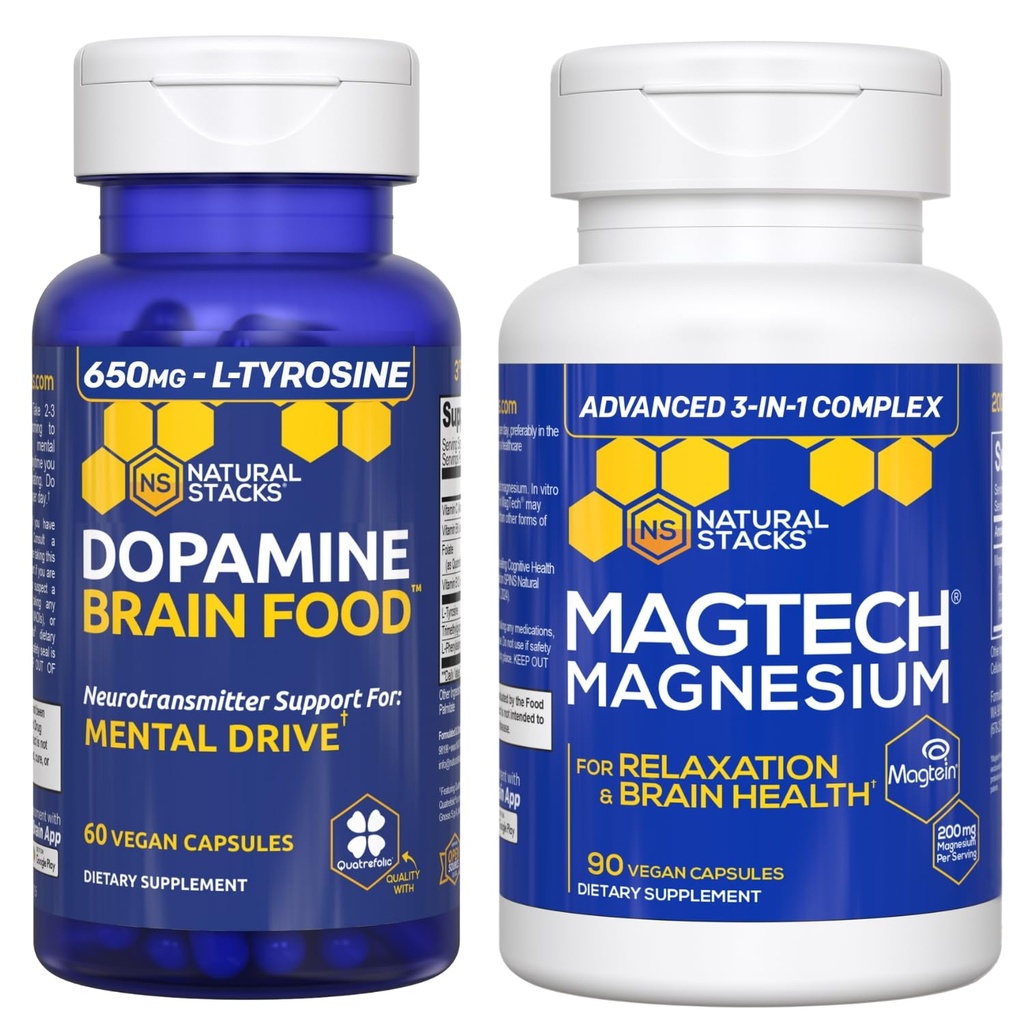 NATURAL STACKS Dopamiini aivot Ruoka + Magtech Magnesium Bundle - kelated magnesium Complex - Tukee aivot terveys & henkinen ajaa* - 150 Kapselit yhteensä