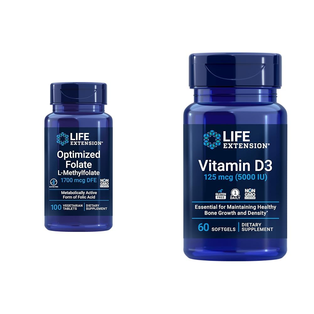 Life Extension Optimized Folate Heart & Brain Support Tablets och vitamin D3 Bone, Brain & Immune Health Softgels - 100 tabletter, 60 Softgels
