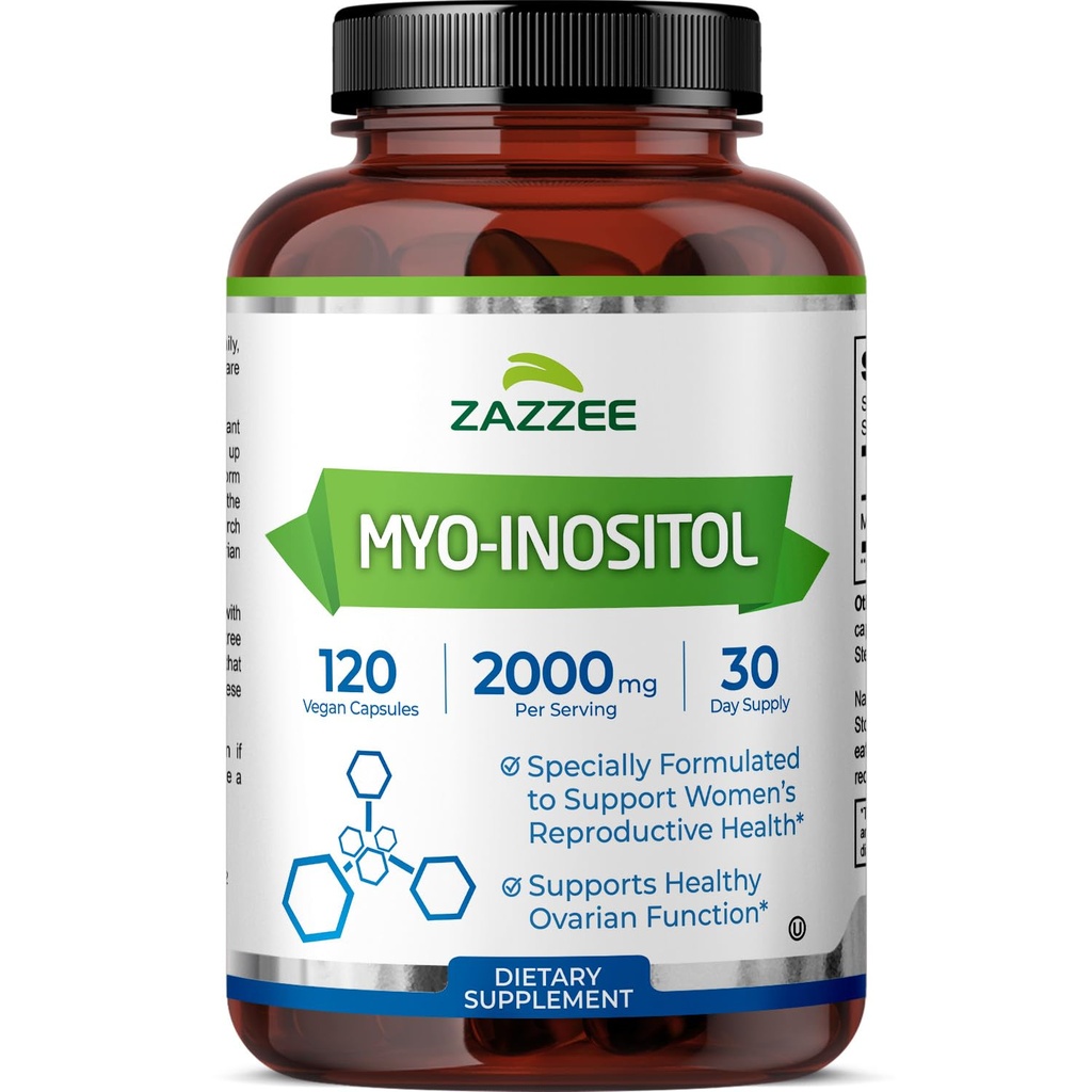 Zazzee Myo-Inositolikapselit, 2000 mg per annos, 120 vegaanista kapselia, ihanteellinen annostus 40:1 suhde, 100% kasvissyöjä, Hormonitasapaino & terve munasarjatoiminta tuki, kaikki luonnolliset ja ei- GMO