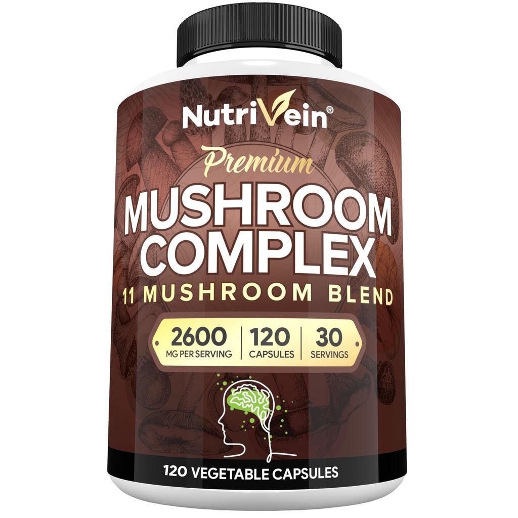 Nutrivein Premium Mushroom Supplement 2600 mg - flaska 120 kapslar - 11 Nootropic Mushroom Complex - Lion's Mane, Cordyceps, Chaga, Reishi, Turkey Tail,Maitake, Shiitake, Agaricus, White Button, Oyster