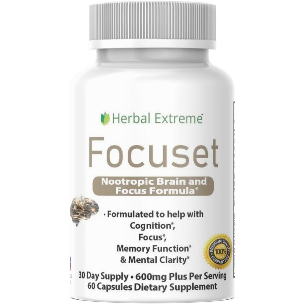 Focuset Nootropics Brain and Focus Formula. 90 kapselia Dimetyyliaminoetanoli (DMAE-bitartraatti), L-glutamiini, L-tyrosiini, GABA, Bacopa ja enemmän, valkoinen