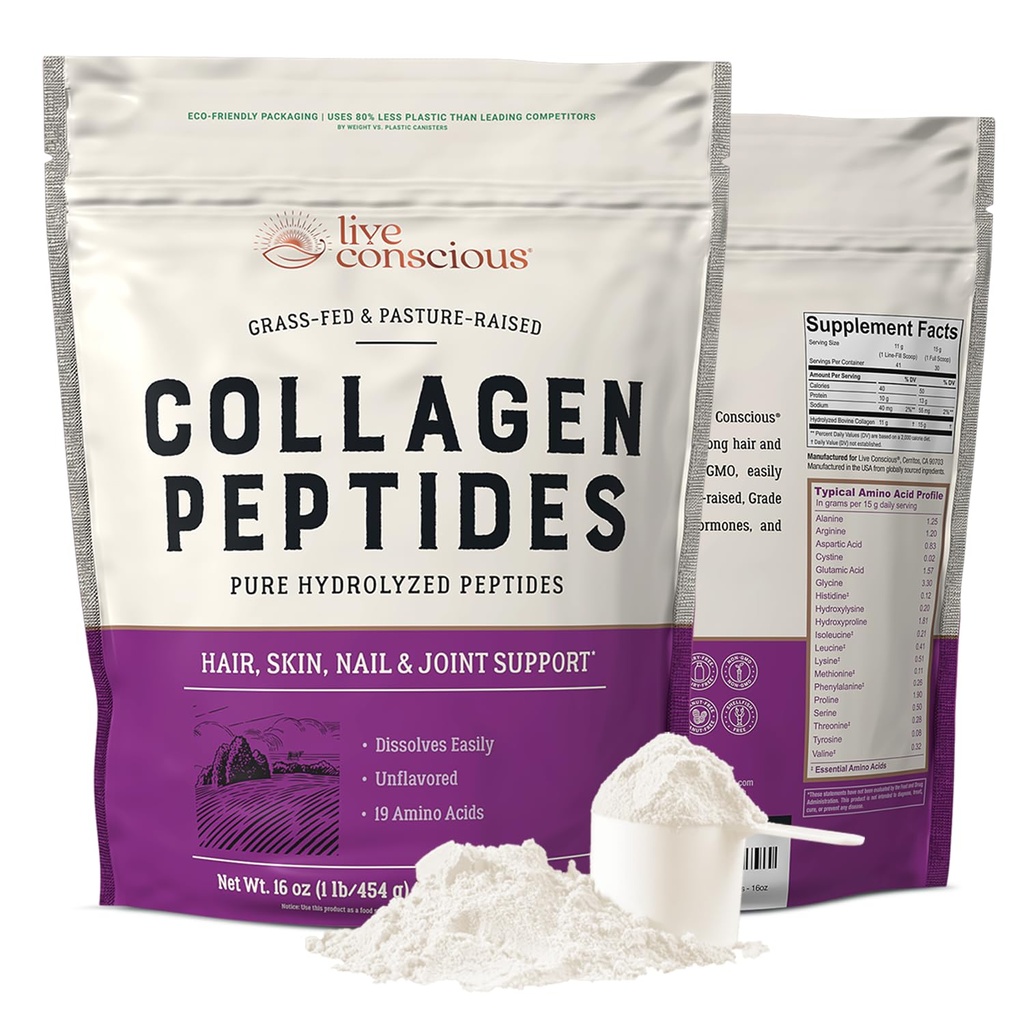 Live Conscious Collagen Peptides Powder - Luonnollisesti peräisin Hydrolyzed Collagen Powder - Hiukset, iho, kynsien, ja Joint Support - Tyyppi I & III Grass-Fed Collagen täydentää naisten ja miesten - 16oz