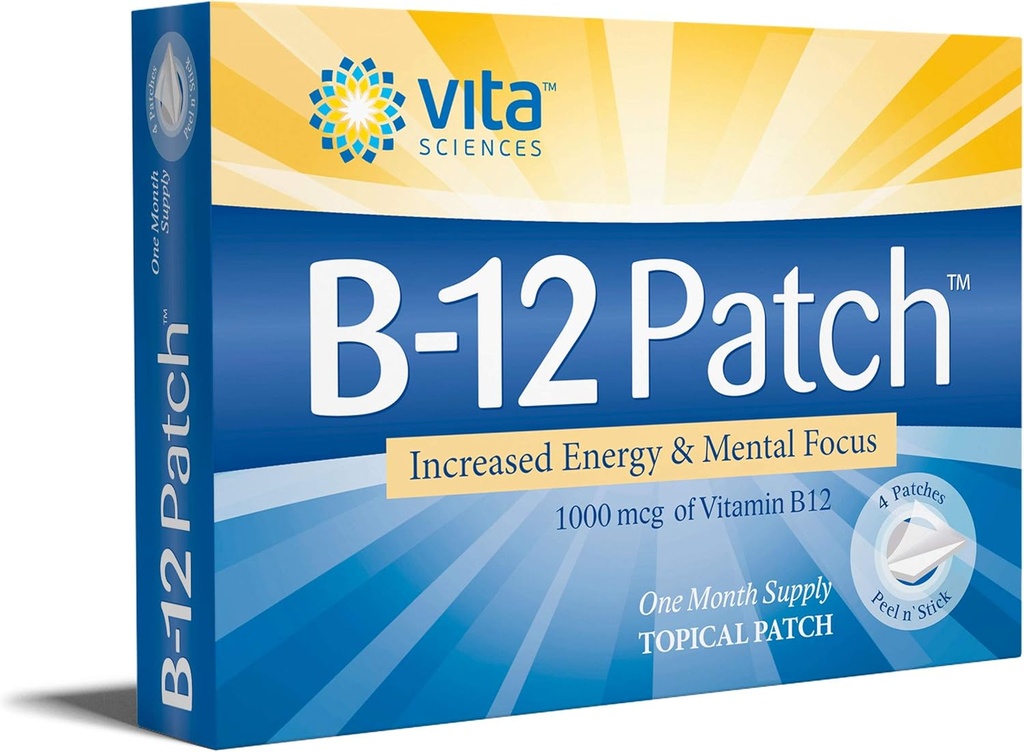 Vita Sciences Vitamin B12 Patch - Extra styrka Formel för män och kvinnor, 1 månads leverans. Öka energi, fokus, minne och metabolism