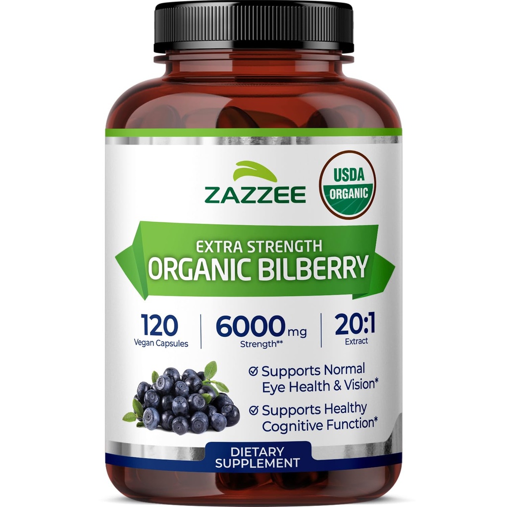 Zazzee USDA Organic Bilberry 20:1 Extract, 6000 mg Styrka, 120 Vegan kapslar, 4 månaders leverans, standardiserad och koncentrerad 20X extrakt, 100% vegetarisk, all-naturlig, icke-GMO, tillverkad i USA