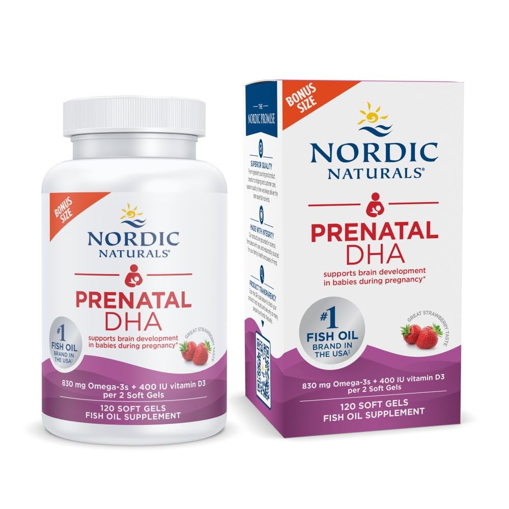 Nordic Naturals Prenatal DHA, Mansikka - 120 pehmeää geeliä - 830 mg Omega-3 + 400 IU D3-vitamiinia - tukee aivojen kehitystä vauvoilla raskauden ja imetyksen aikana - ei-GMO - 60 tarjoilua