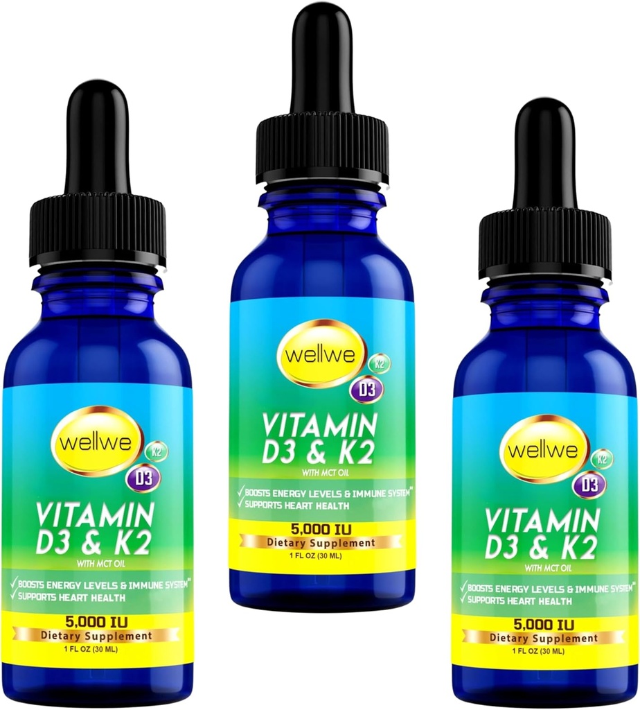 Flytande vitamin D3 K2 Drops med MCT Oil 5000 IE - Vegan, No Taste, No Odor, Soy-Free, Gluten Free, Non-GMO, 1000 IE per Drop, Boosts Energy & Immune System (3 Pack)