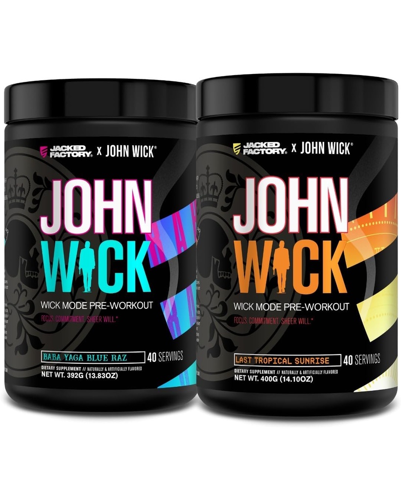 Jacked Factory X John Wick - Wick Mode Pre Workout Powder - Intense Energy, Battle-Ready Focus, Unstoppable Commitment och Sheer Will - Baba Yaga Blue Raz & Last Tropical Sunrise