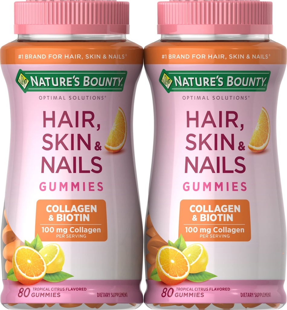 Nature's Bounty Biotin and Collagen, Citrus Flavored Gummies, 80 Ct (2 Pack)
