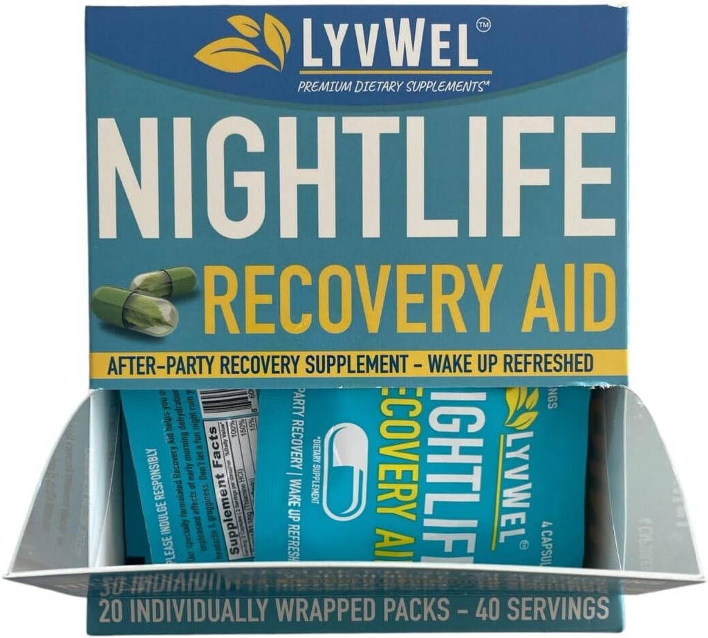 LyvWel Yöelämä Recovery Kotelo ... Nopea aamun nuorentaminen, maksan tuki DHM, Elektrolyytit, B-vitamiinit - 20 pakkausta, 40 tarjoilua
