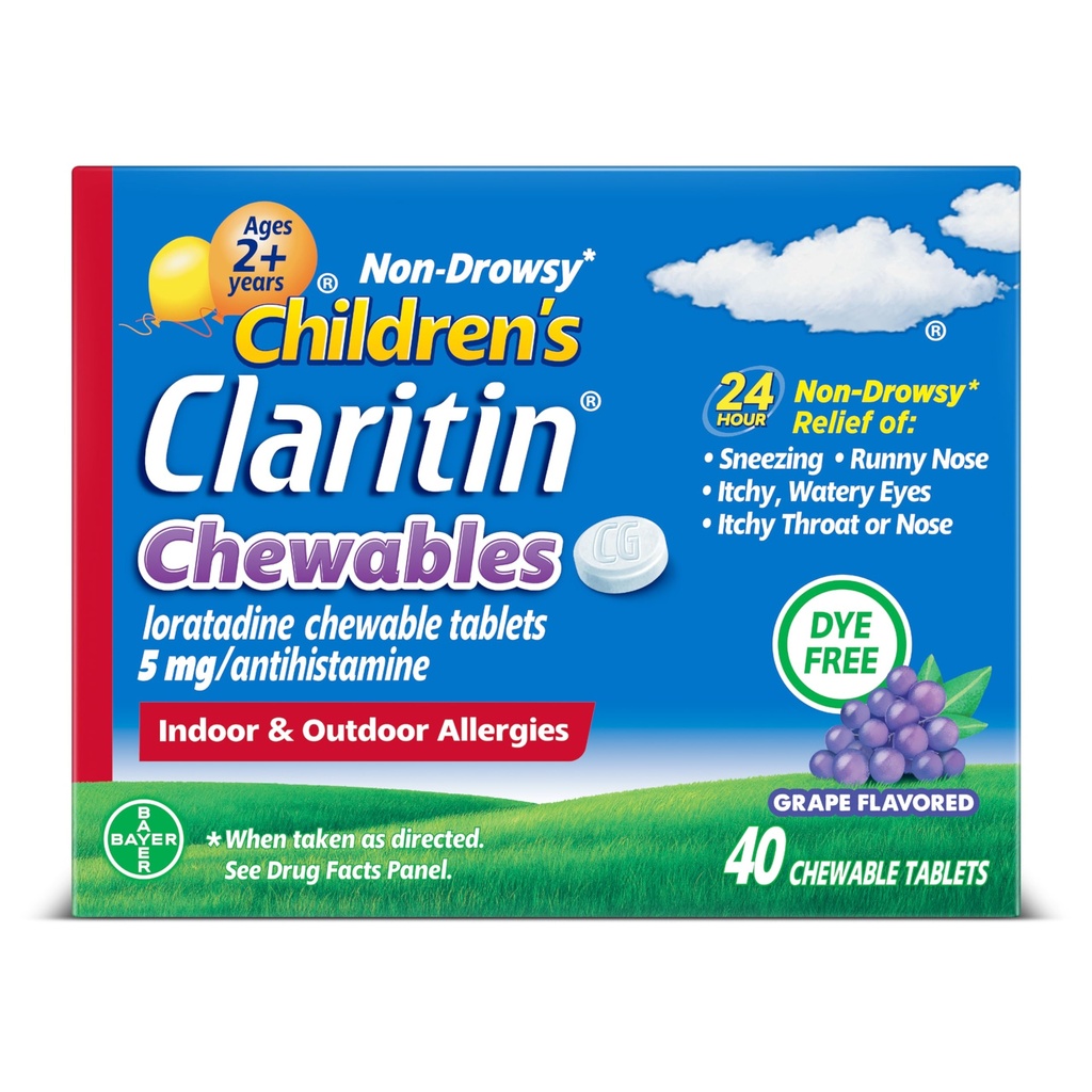 Claritin Children's Allergy Medicine, 24-timmars Non-Drowsy Loratadine 5mg Chewable Tablet, Antihistamin för barnåldrar 2 år och äldre, Grape smaksatt, 40 tabletter