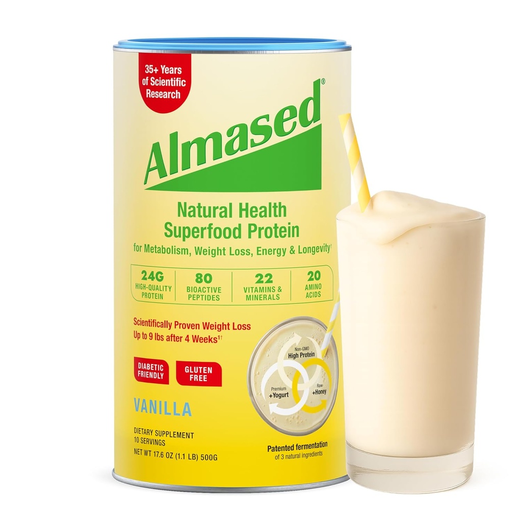 Almased Vanilla Meal Replacement Shake - Matala-Glycemic High Plant Base Protein Powder- Nutritional Weight Health Support Supplement - Vanilla Flavor - 17,6 oz (1.1-pakkaus)
