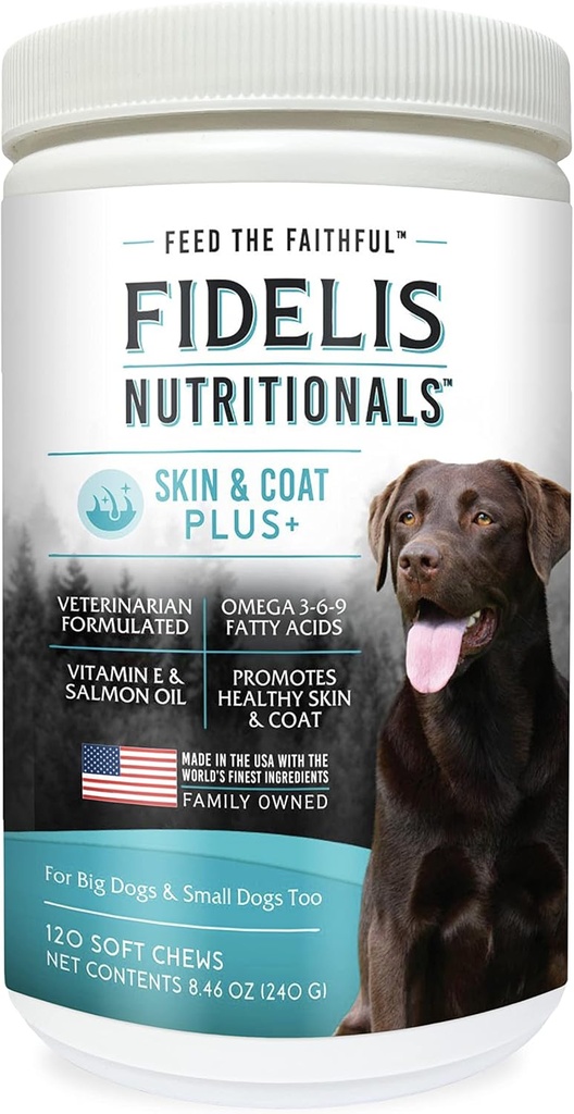 FIDELIS Skin & Coat Plus+ Dog Skin & Coat Supplement, Omega 3, E-vitamiini, Lohiöljy koirille, rasvahapot, terve iho, kiiltävä turkki, aikuinen, iso ja pieni, valmistettu USA:ssa, kasvisliemessä, 120 pehmeää purukumia