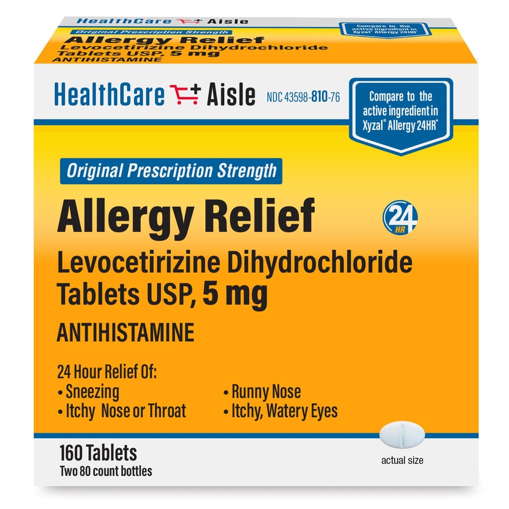 HealthCareAisle Allergia Relief - Levocetiritsiinidikloriditabletit USP, 5 mg, 160 tablettia, alkuperäinen reseptin vahvuus Allergialääkkeet, 24 tunnin helpotus, 80 (pakkaus 2)