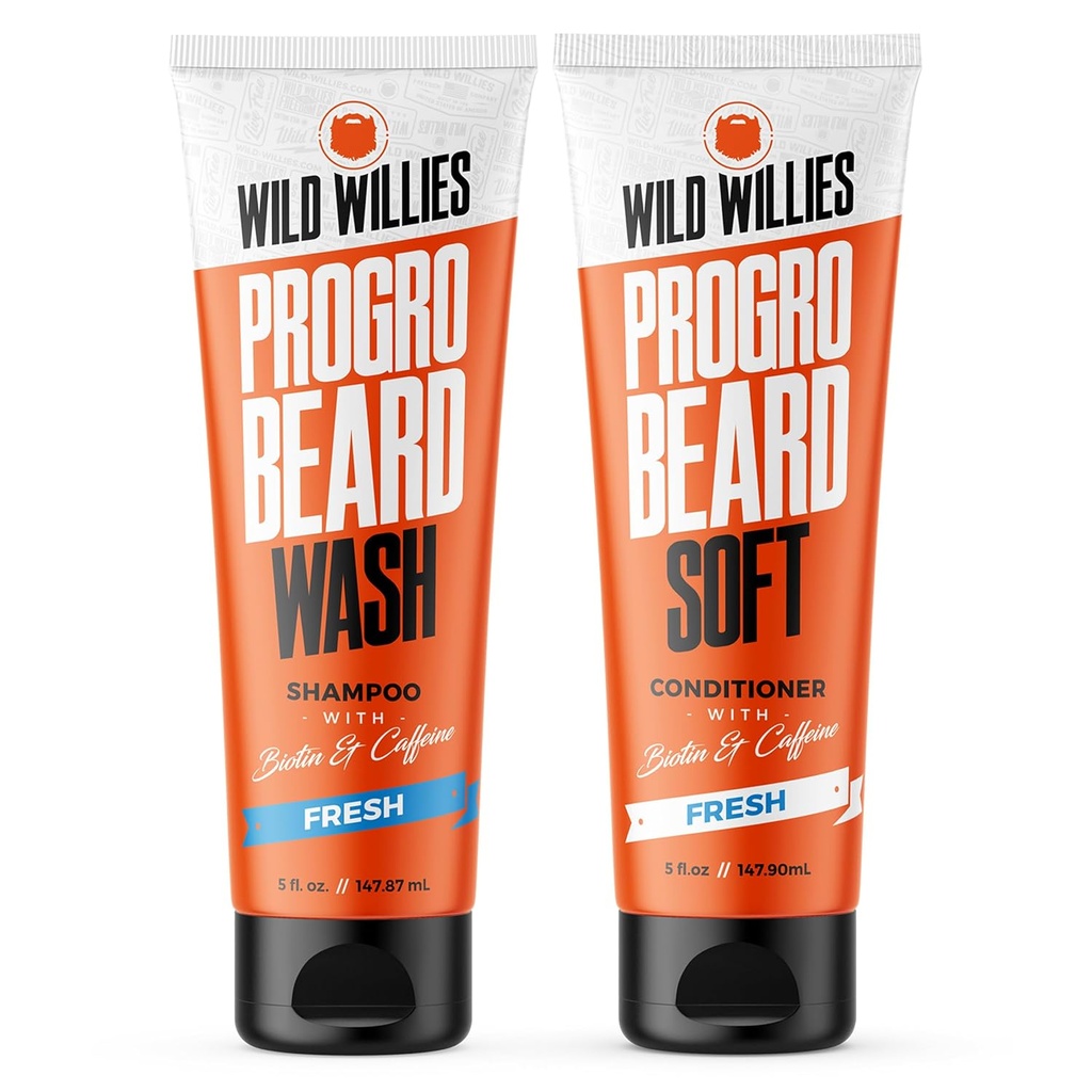 Willies PROGRO parta Shampoo ja hoitoaine Kit - Vahvistettu w/kofeiini & biotiini - vahvistaminen, hiutalevapaa, kosteuttava parta pesu ja hoitoaine miehille, 2 x 5oz putket
