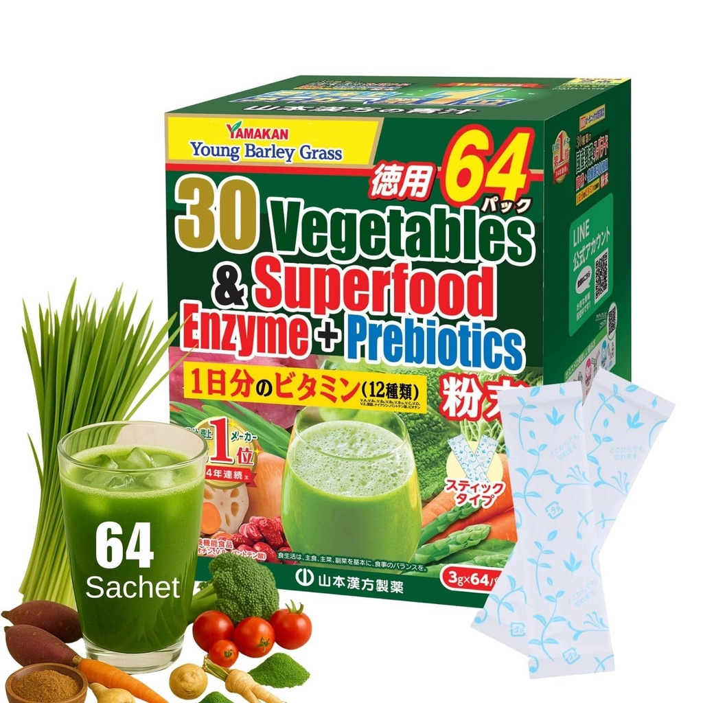 Yamamoto Kanpoh YAMAKAN Greens Superfood Powder med prebiotiska Fiber & Enzymer för Digestion, 30 Veggies & Young Barley Grass Juice Blend från Japan, Gut Health för kvinnor och män, 64 Packets