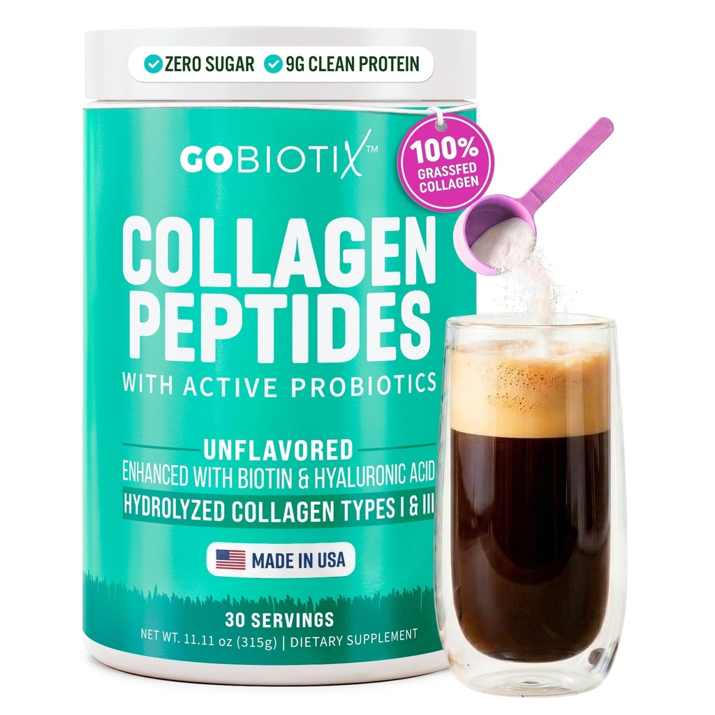 GOBIOTIX Kollagen pulver tillskott med probiotika - Hydrolyserad proteinkollagen pulver för kvinnor - hår hud och naglar, gemensam och matsmältningshälsa - Kollagen Peptides typ I och III - 30 portioner