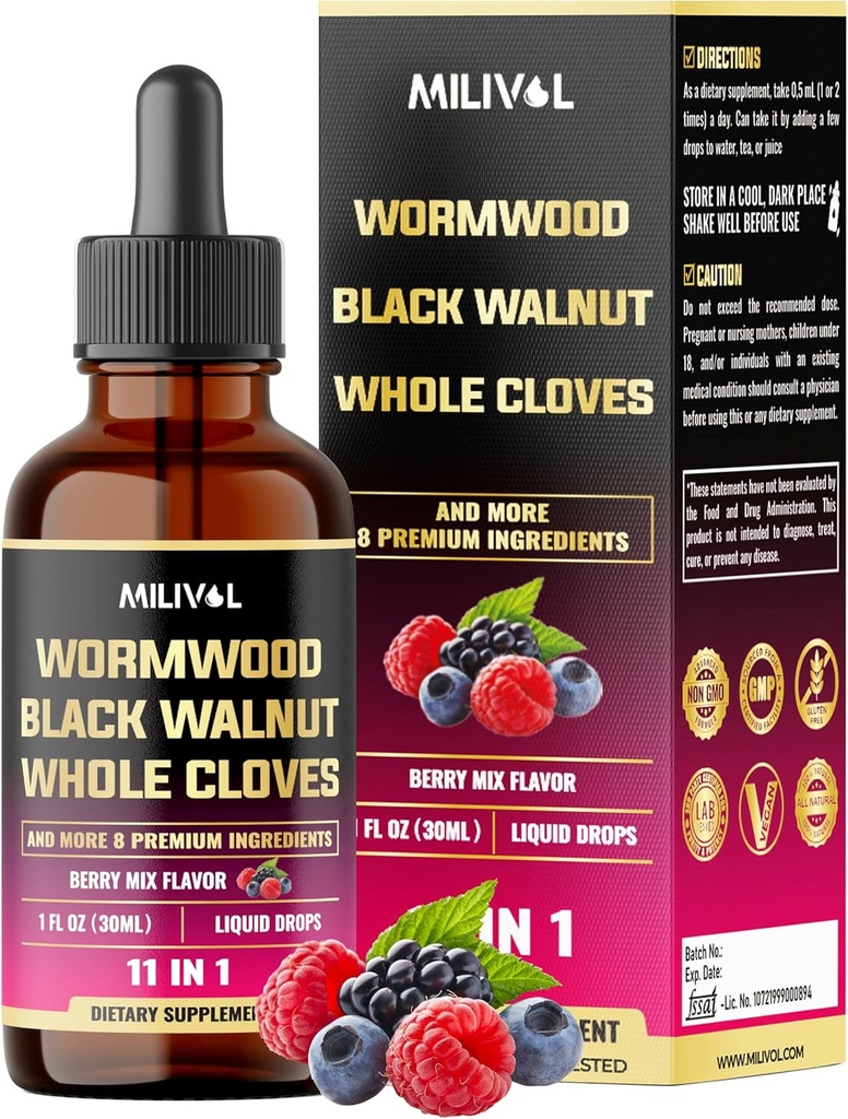 11in1 Black Walnut Wormwood Tincture Extract med Whole Cloves, Berberine och 8 More - 2 månader Supply - 1 Fl Oz - Berry Mix smak