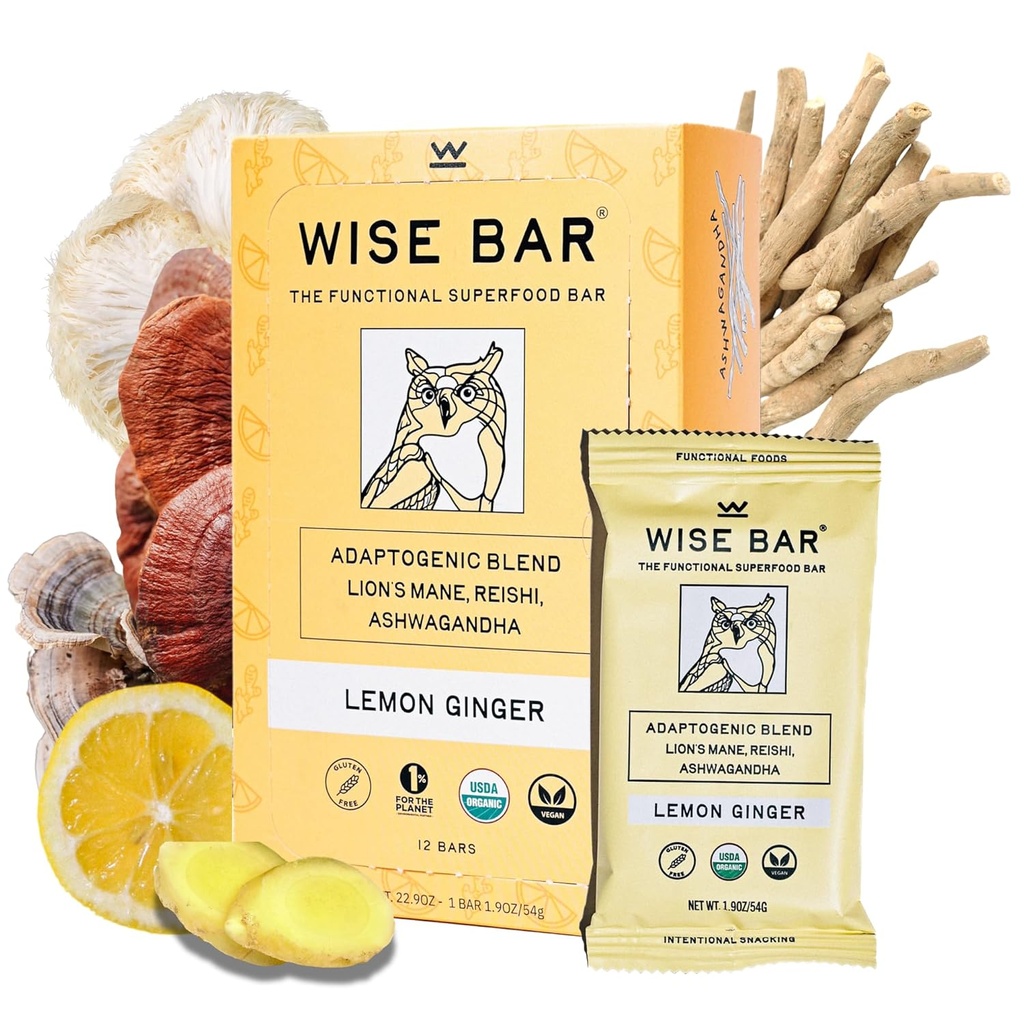 Viisas baari Adaptogen Mushroom Nutrition Bars Reishi, Lions Mane & Ashwagandha, Organic Vegan & Gluteenittomat Välipalat Natural Focus, Energy & Immuniteetti tuki, sitruunan inkivääri maku, 12 kreivi