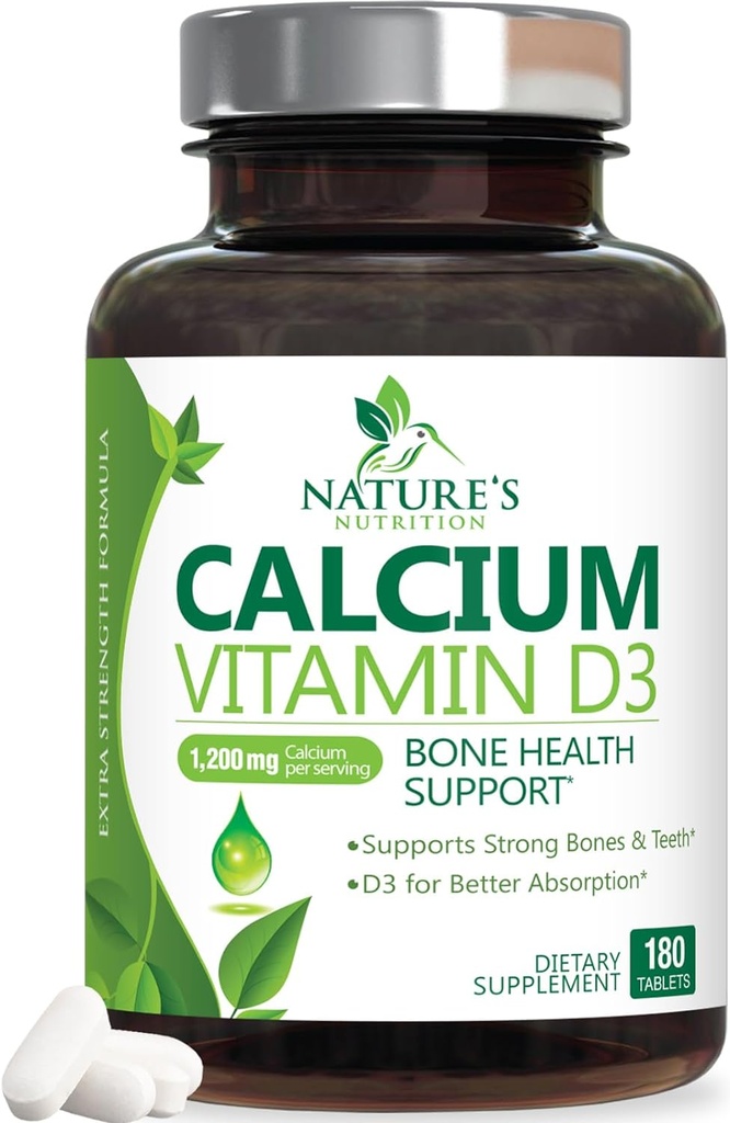 Calcium Supplement 1200 mg - D3-vitamiini paras imeytyminen - tukee immuuniterveyttä, luut ja hampaat - luonnon kalsiumkarbonaatti + 1600 IU D3 - pullo Yhdysvalloissa naisten ja miesten - 180 tablettia