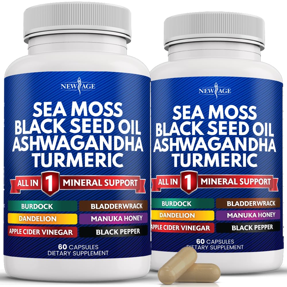 NEW AGE Sea Moss Capsules Black Seed Oil Ashwagandha Turmeric Bladderwrack Burdock - med Manuka, Honey Dandelion, ACV Black Pepper Gluten Free