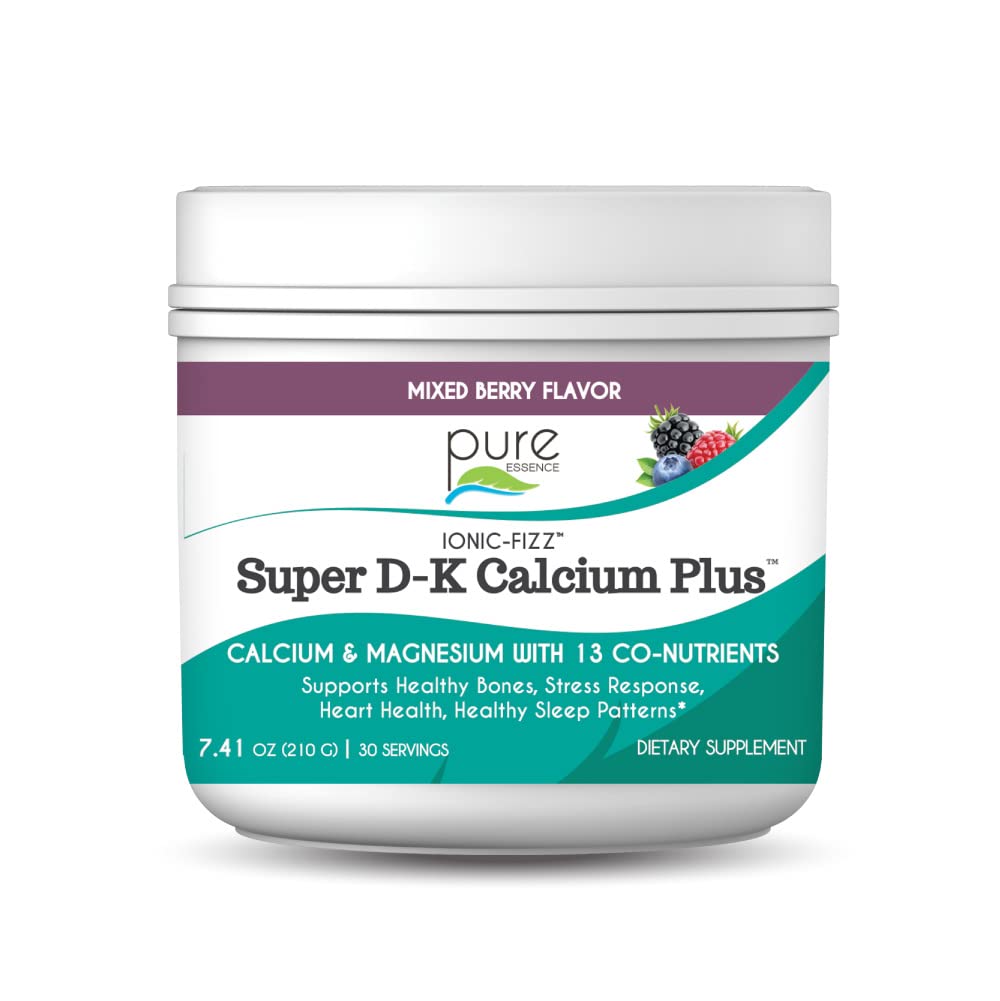 Ionic Fizz Super D-K Calcium Plus Pure Essence - Extra Magnesium, D3-vitamiinia, K2-vitamiinia vahvoille luut ja stressi tukea - Mixed Berry - 7.41oz